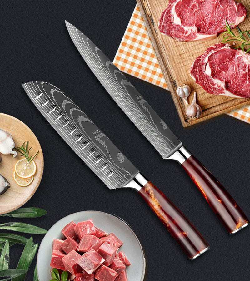 2PC Japanese Damascus Pattern Chef Knives Cleaver Kitchen Knife Set With Sheath