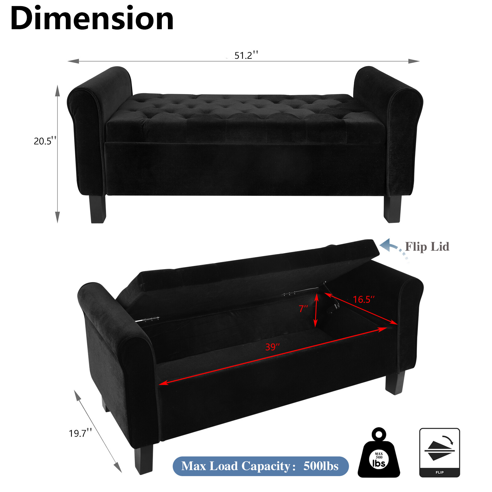 51" Velvet Storage Bench with Ottoman End of Bed Upholstered Couch Black