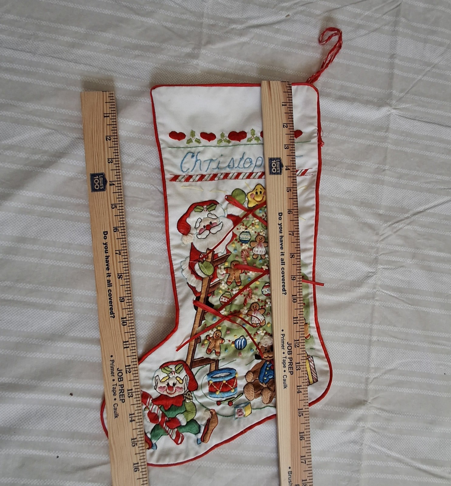 VTG 1980s Janlynn Steinmeyer Hand Embroidered Crewel Christmas Stocking Santa