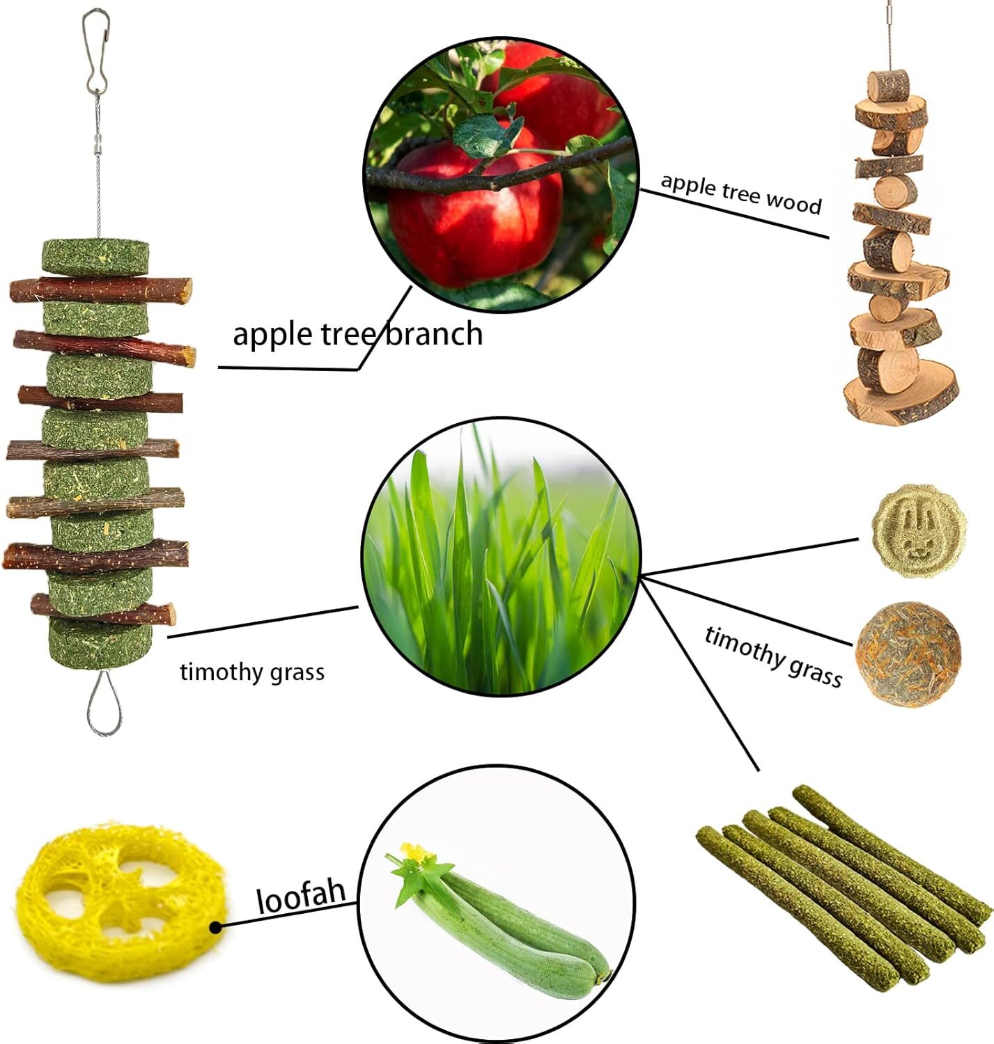 20 PCS Bunny Chew Toys for Teeth, Natural Rabbit Toys Apple Wood Grass