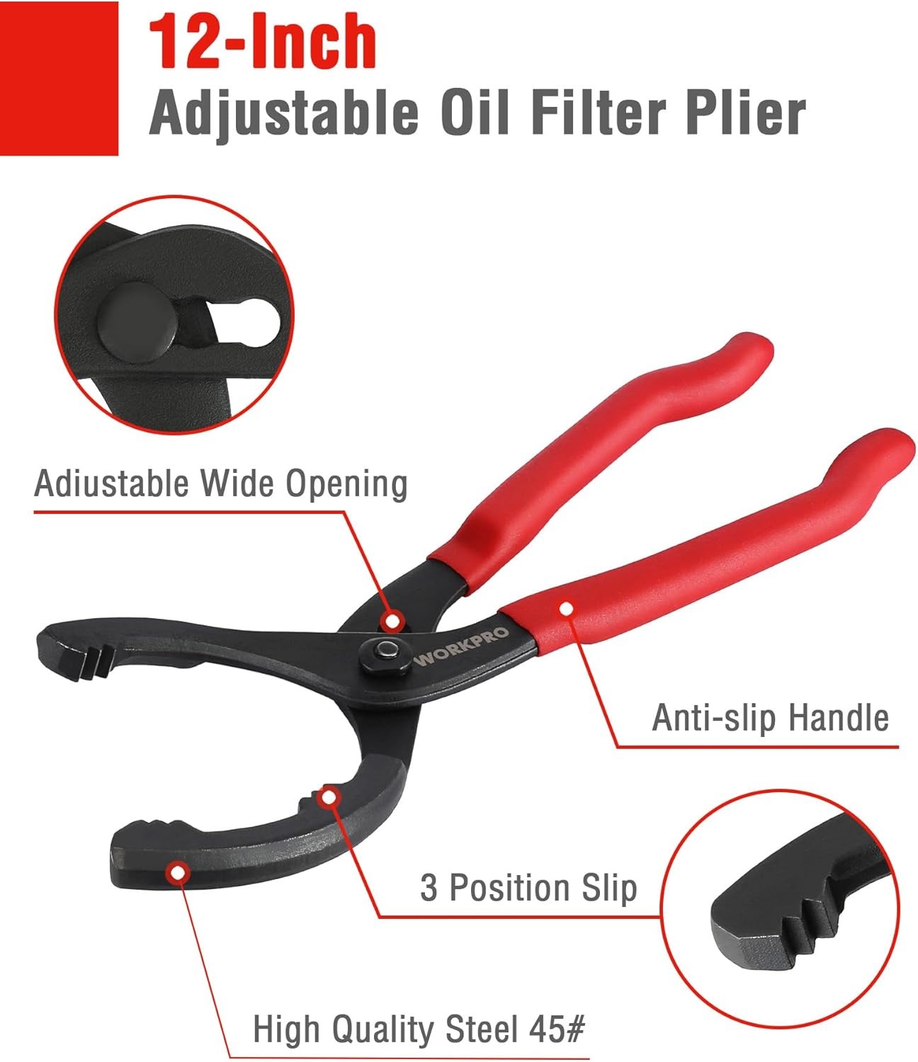 WORKPRO 2PCS Oil Filter Wrench 12" Adjustable Plier 3-Jaw Universal Removal Tool