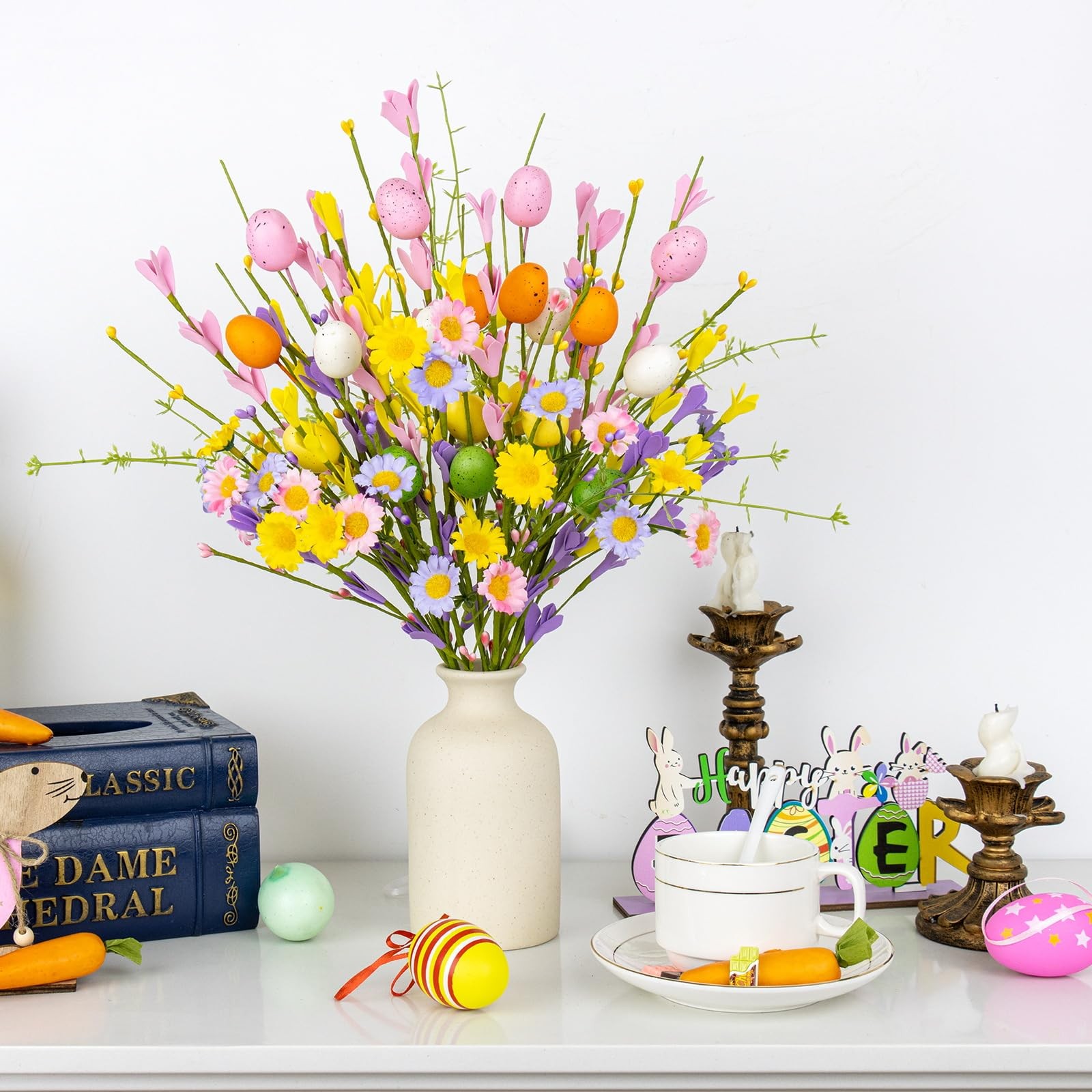 FloralElegance Artificial Easter Flowers with Eggs 10 Pack Multi Color