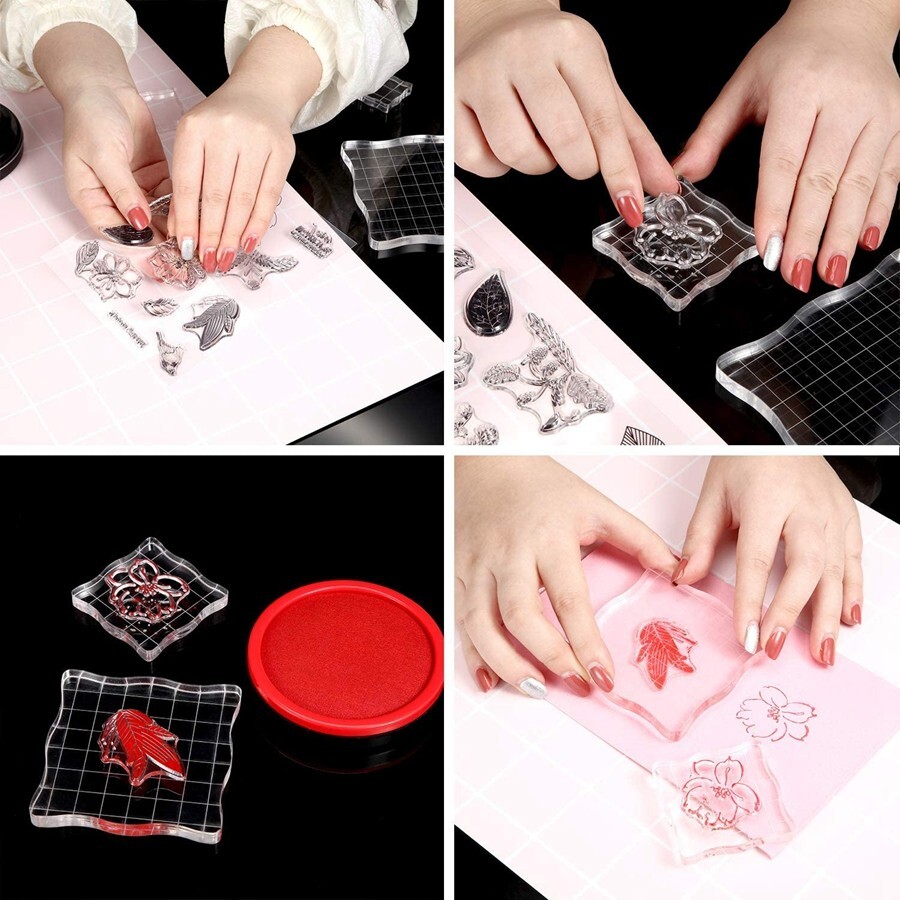 7 PCS Acrylic Stamp Blocks Set Clear Stamping with Grid Grip for DIY Crafts N816