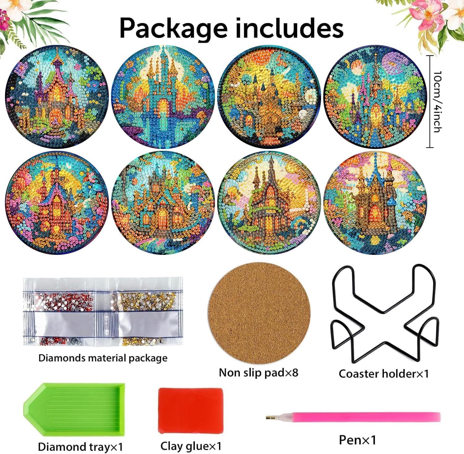 8 Pcs Diamond Art Coasters Kits for 8 4x4in, Castle