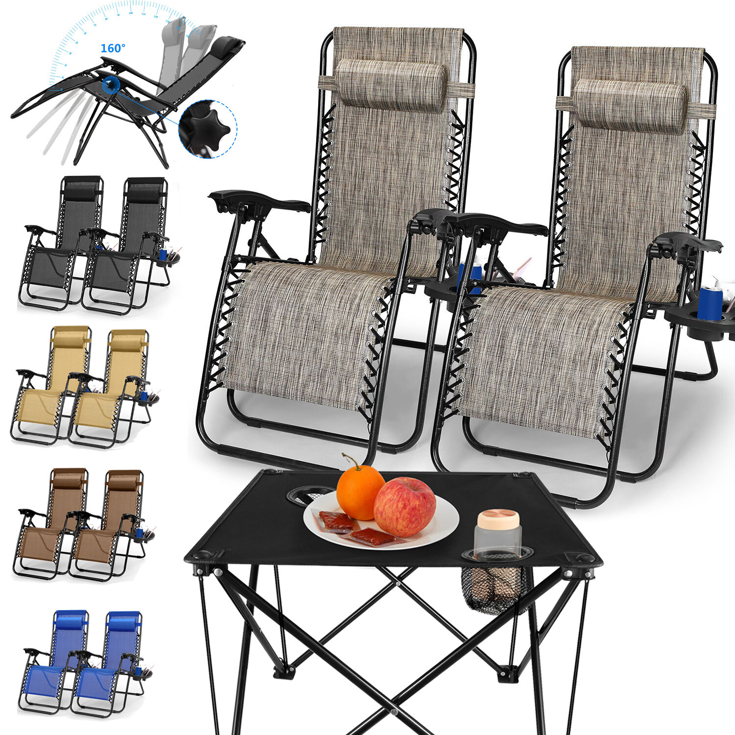 2 Sets Gravity Chairs Folding Patio Lounge Beach Outdoor Recliner with Side Tray