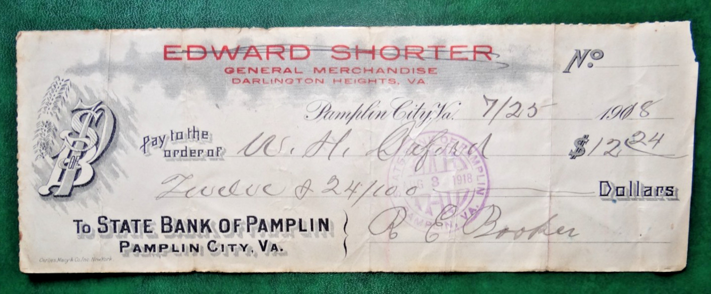 1918 - EDWARD SHORTER - Darlington Heights VA - check- State Bank of Pamplin, VA