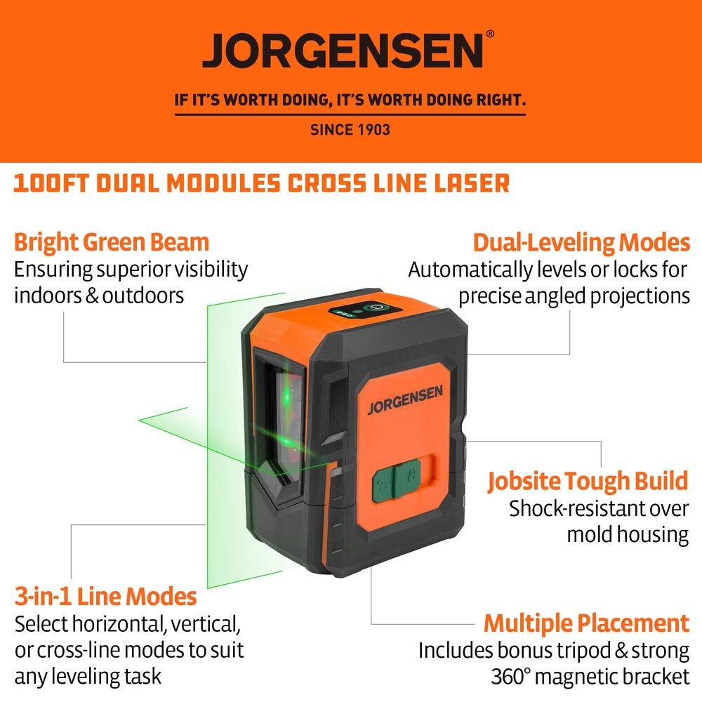 JORGENSEN 100FT Laser Level w/Tripod Dual Modules Self Leveling Cross Line Laser