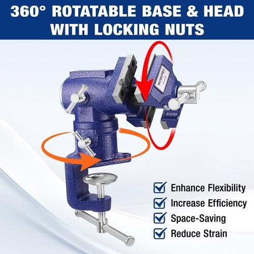 WORKPRO Portable Dual Jaws Table Vises 2.5"&1.5" 360° Swivel Clamp-On Bench Vise