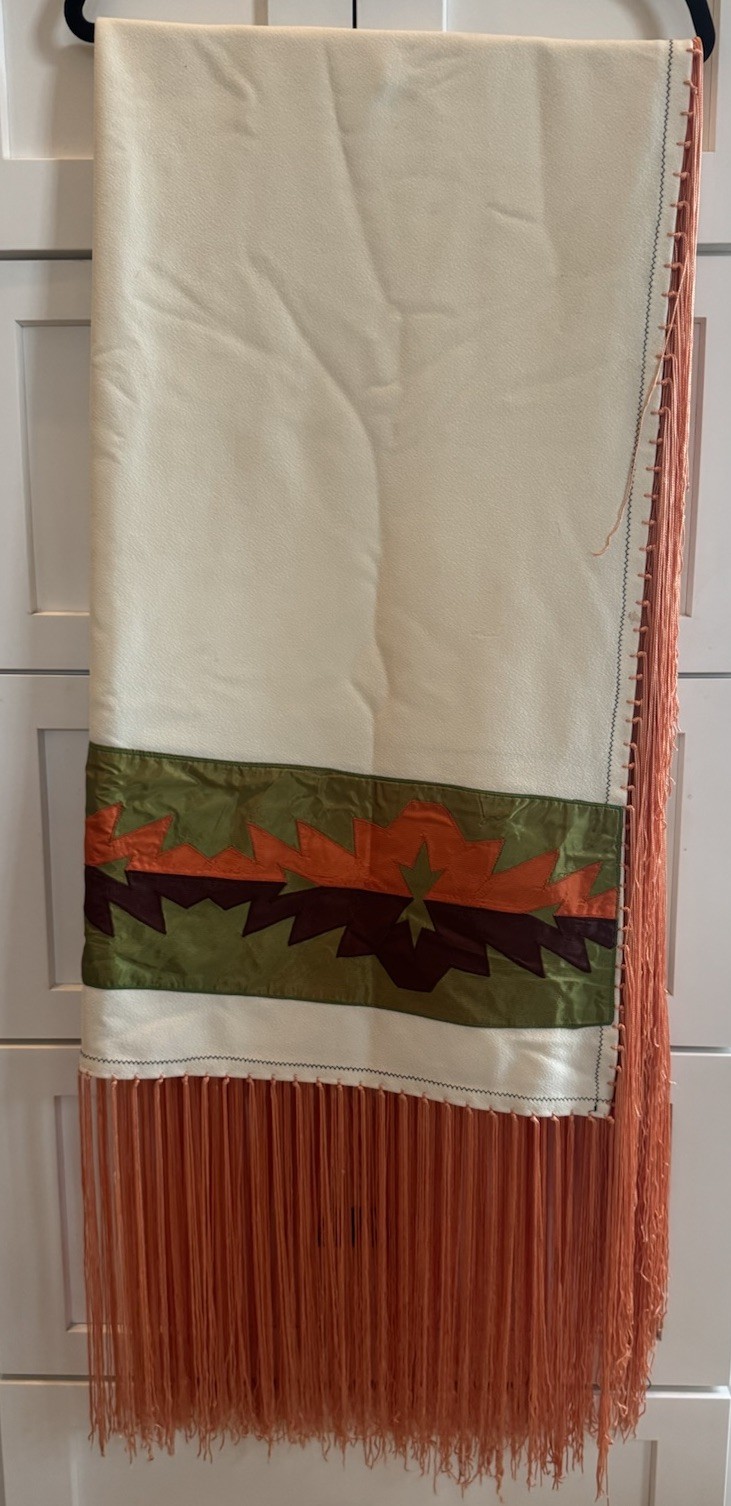 Native American Dance Shawl Knotted Fringe Orange,Brown,Green Ribbon 60x61