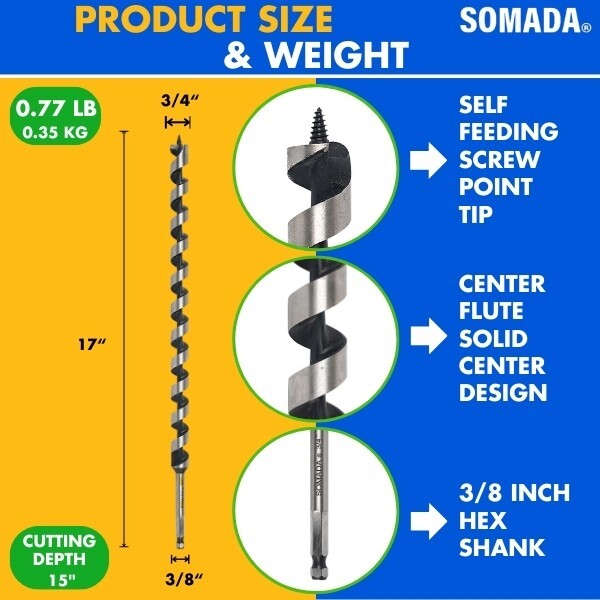SOMADA Wood Auger Bit, 3/4-Inch By 17-Inch - Hex Shank 3/8-Inch Ship Auger Long