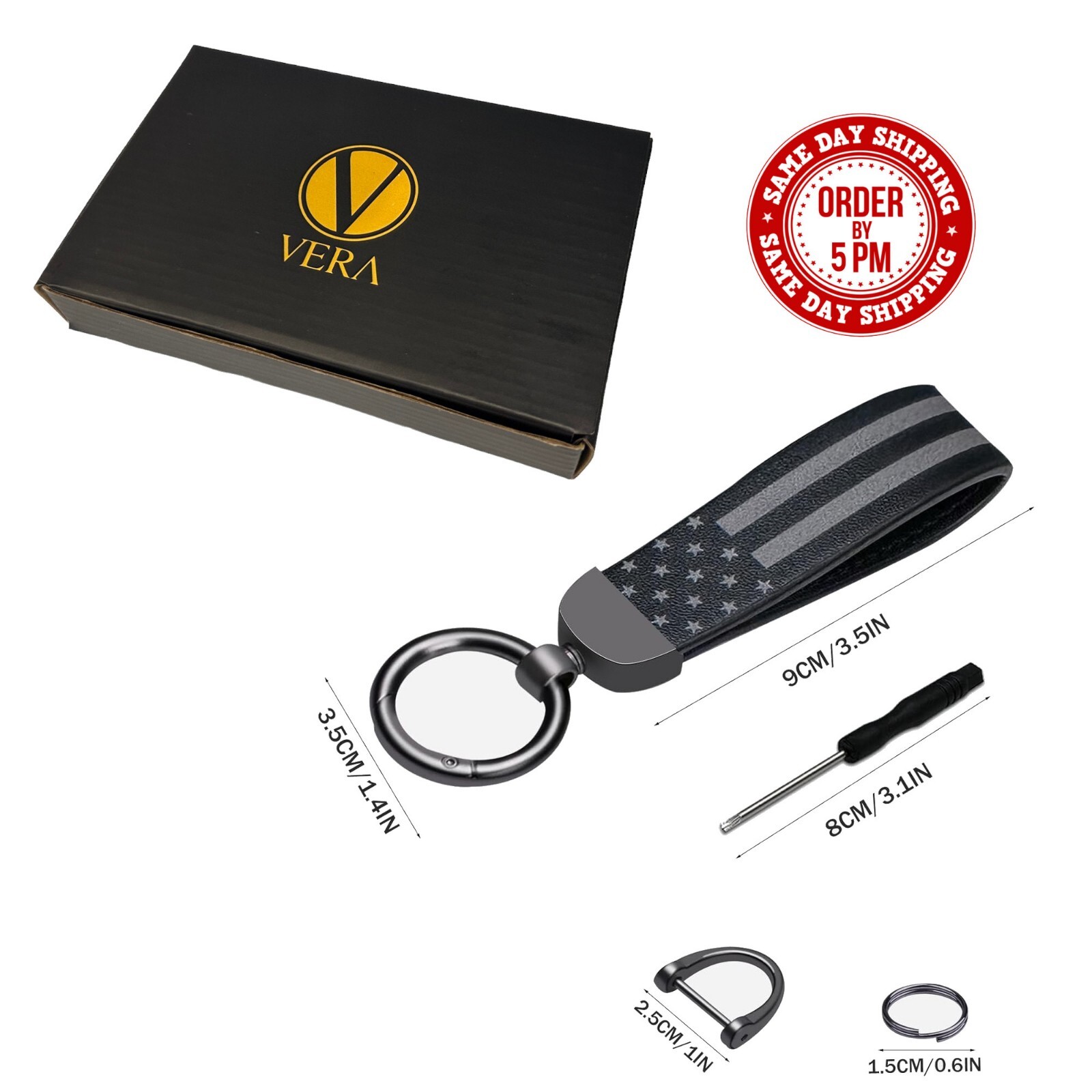 Leather American USA Flag Car Keychain with Zinc Alloy Ring, Tactical Keychain