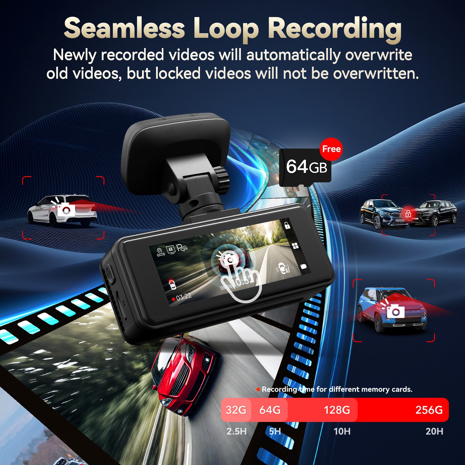 REDTIGER A8 64GB Card 4K Dash Cam Front and Rear,Touch Screen,Loop Recording