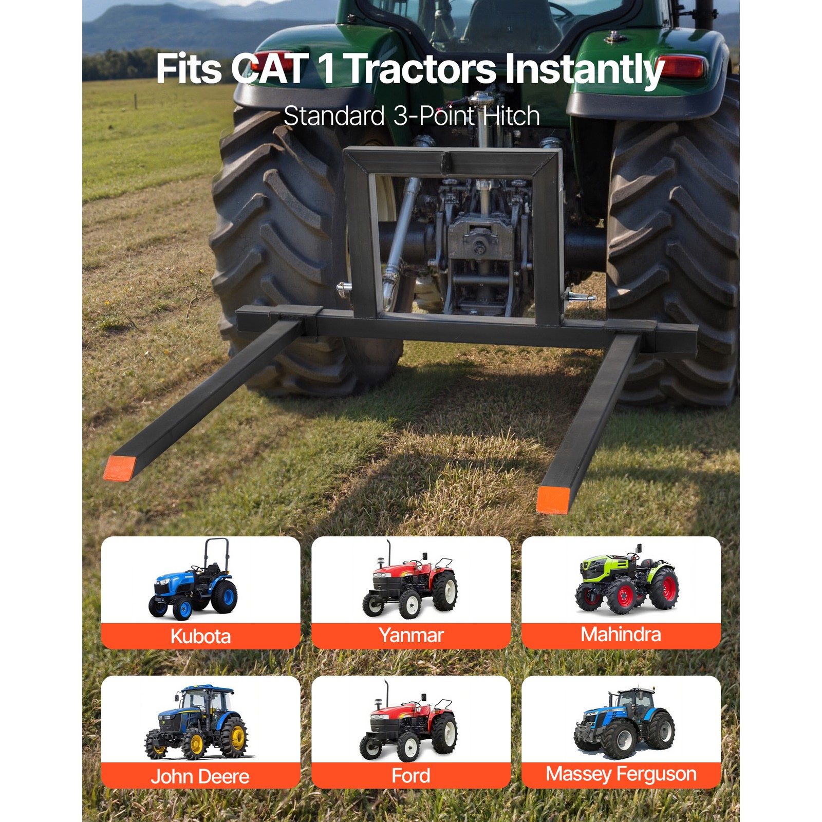 Uimoso 3-Point Hitch Pallet Fork 1500 lbs, 50" Forks for Category 1 Tractors