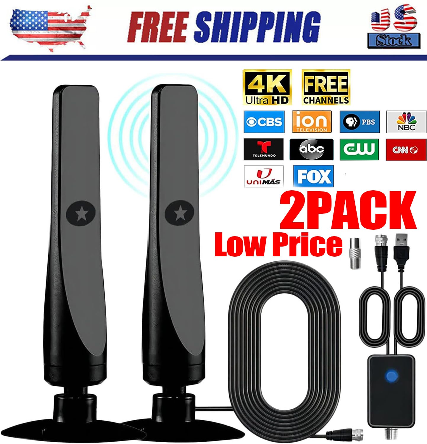 4K Rewave Antena, TV Antenna, Suction Cup TV Antenna Plug Play 3m Cable 2025 USA