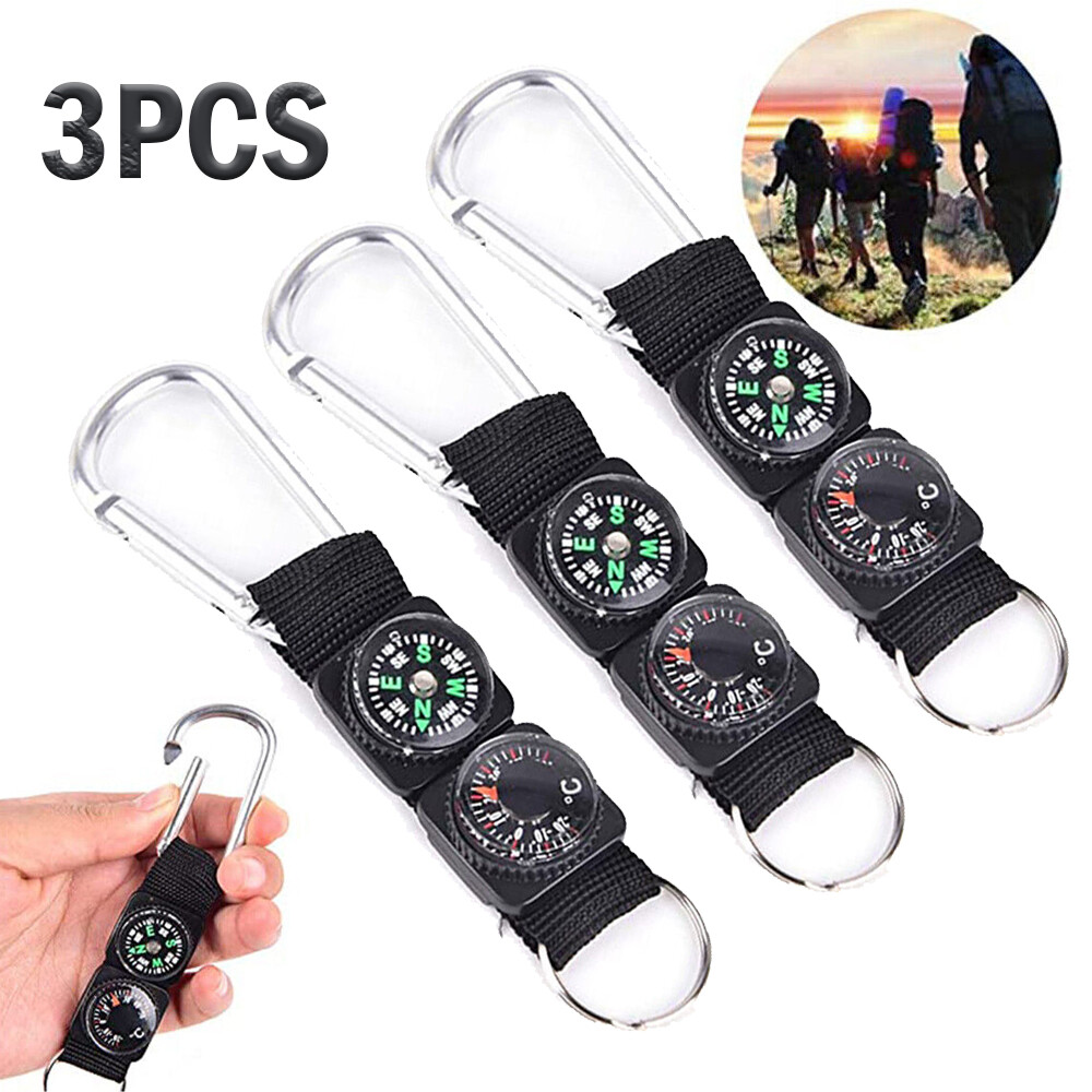 3PCS Mini Compass Thermometer Outdoor Camping Survival Keychain Carabiner Kits
