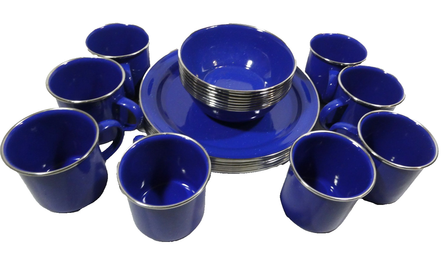 24 pc Marlboro Miles MESS KIT Plates Bowls Cups MORNING SKY Enamel BLUE SPECKLED