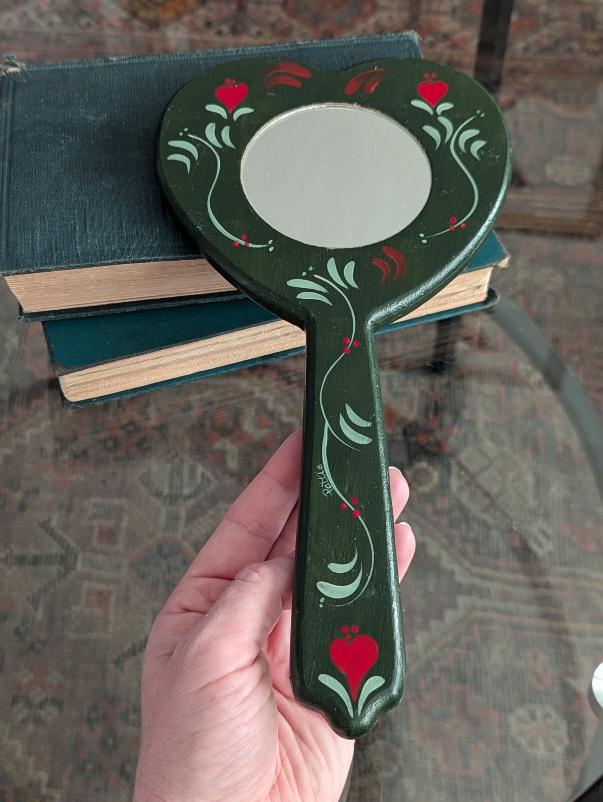 Vtg Hand Mirror Vanity Folk Art Handmade Home Green Wood Tole Painted Floral