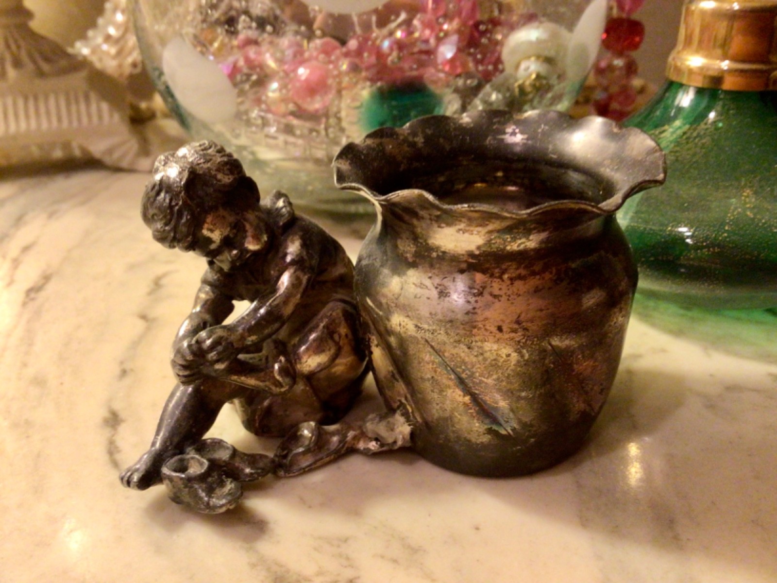 Antique DERBY SILVER Co Quadruple Plate Figural Cherub Toothpick/Match Holder