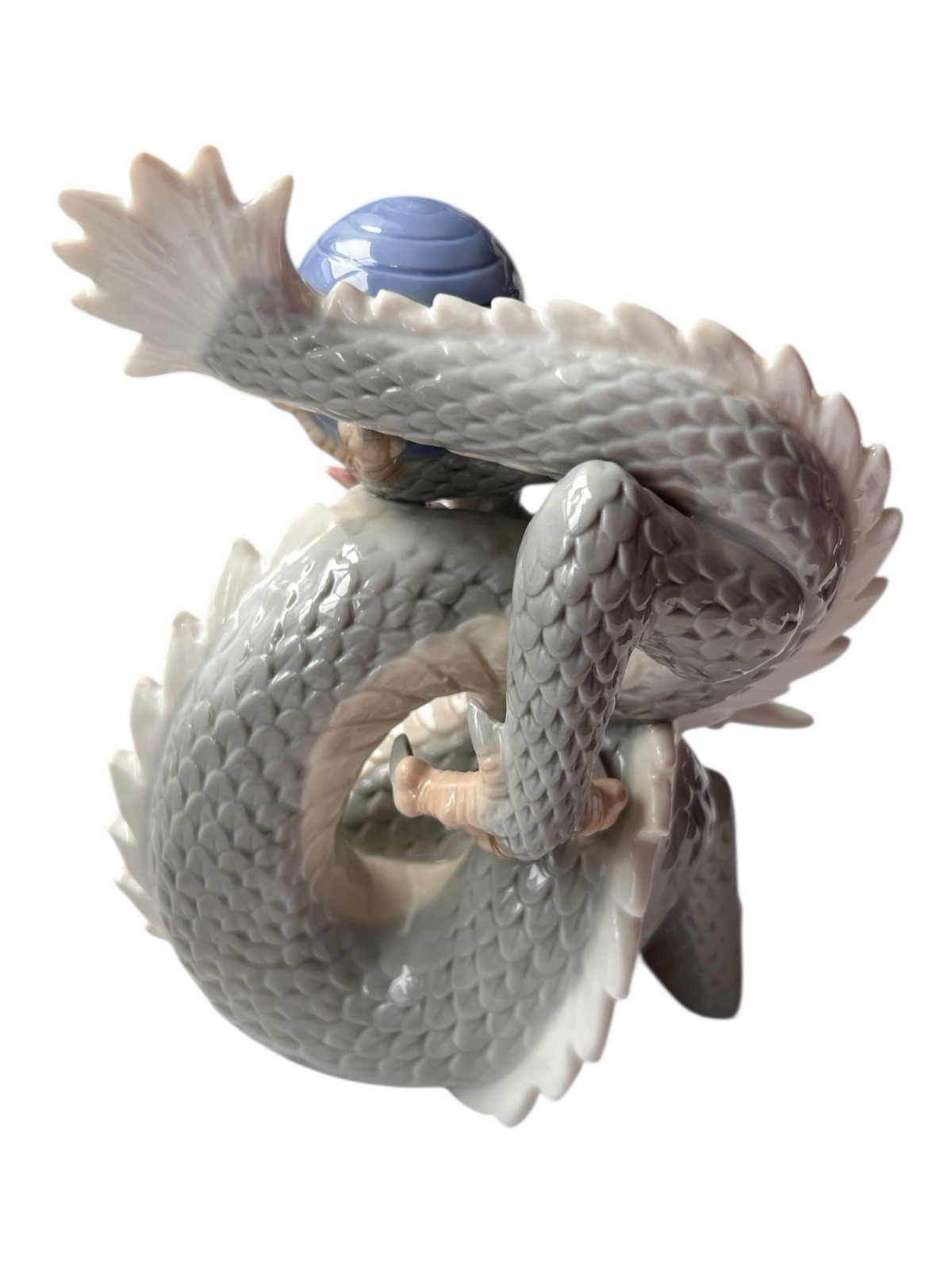 Dragon Yoshimi K Foo Porcelain Figurine w/Ball Japan 8”T 5.5”L Vintage Blue/Gray