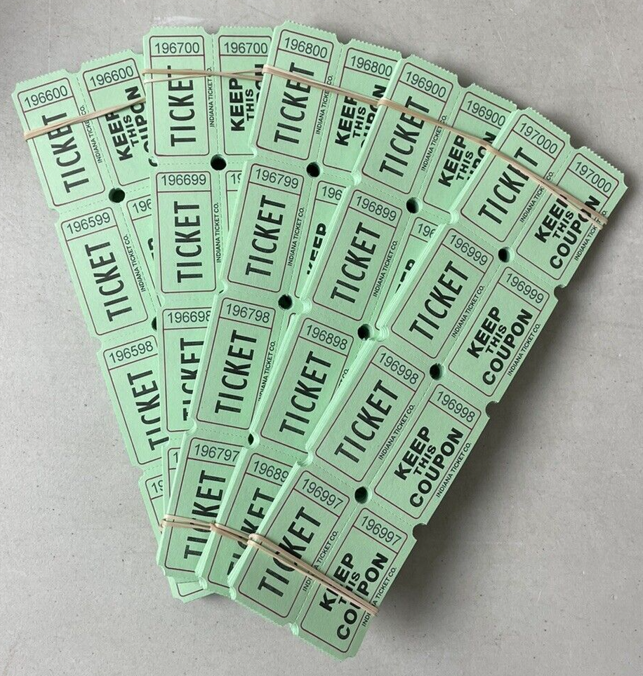 Green Raffle Tickets Package of 500 Folded Flat Double Stub Split The Pot 50/50