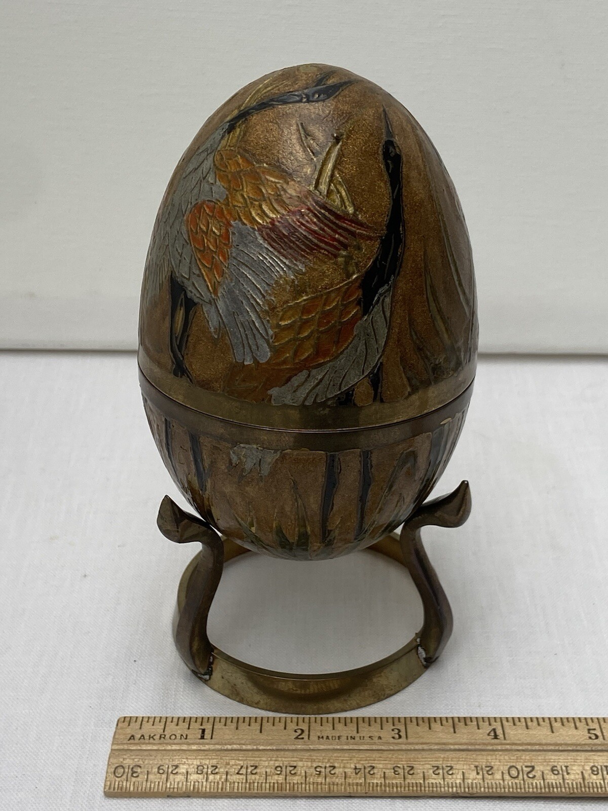 Solid Brass Egg & Stand Cloisonne Painted Trinket Box Ornate Enamel India Birds