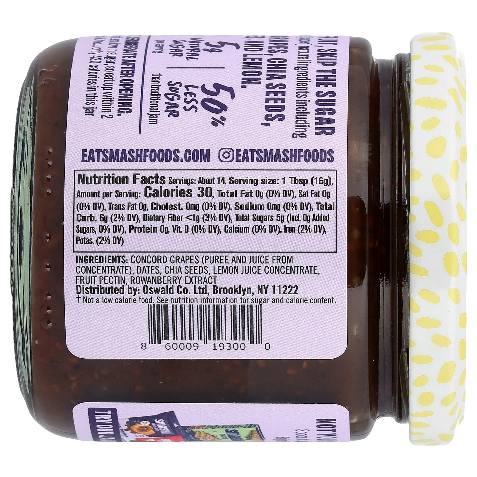 Smash Foods, Grape Jam, No Sugar Added, Low-Calorie, Vegan (1 Jar)
