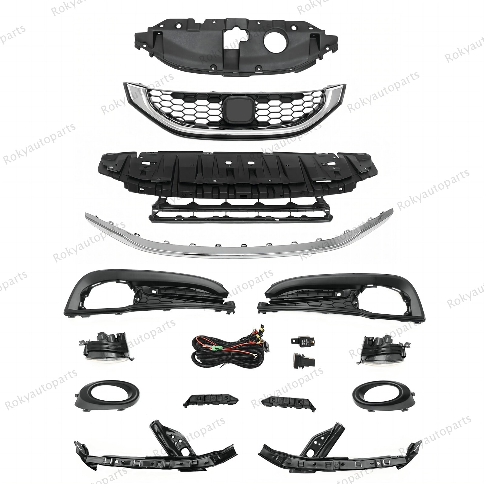 14PC For CIVIC Sedan 2013-2015 Bumper Upper Lower Chrome Grille Fog lights Bezel