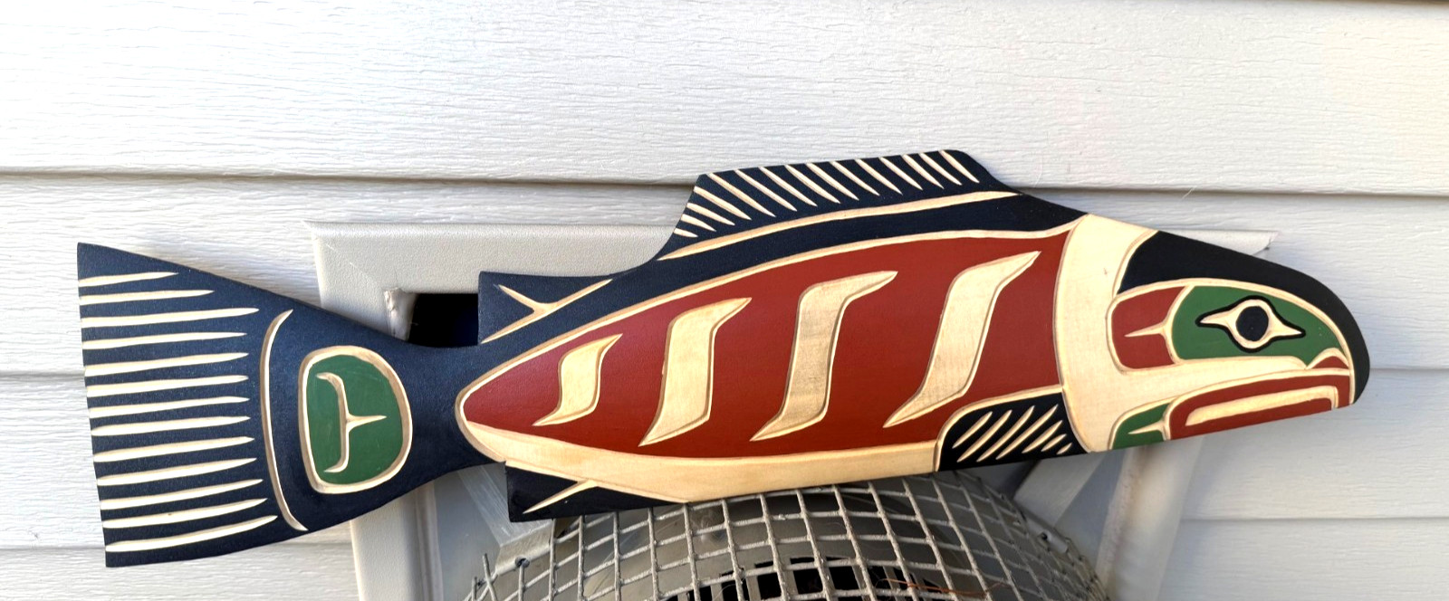 Northwest Coast Native Large  Detailed Yellow Cedar burgandy Salmon wood carving