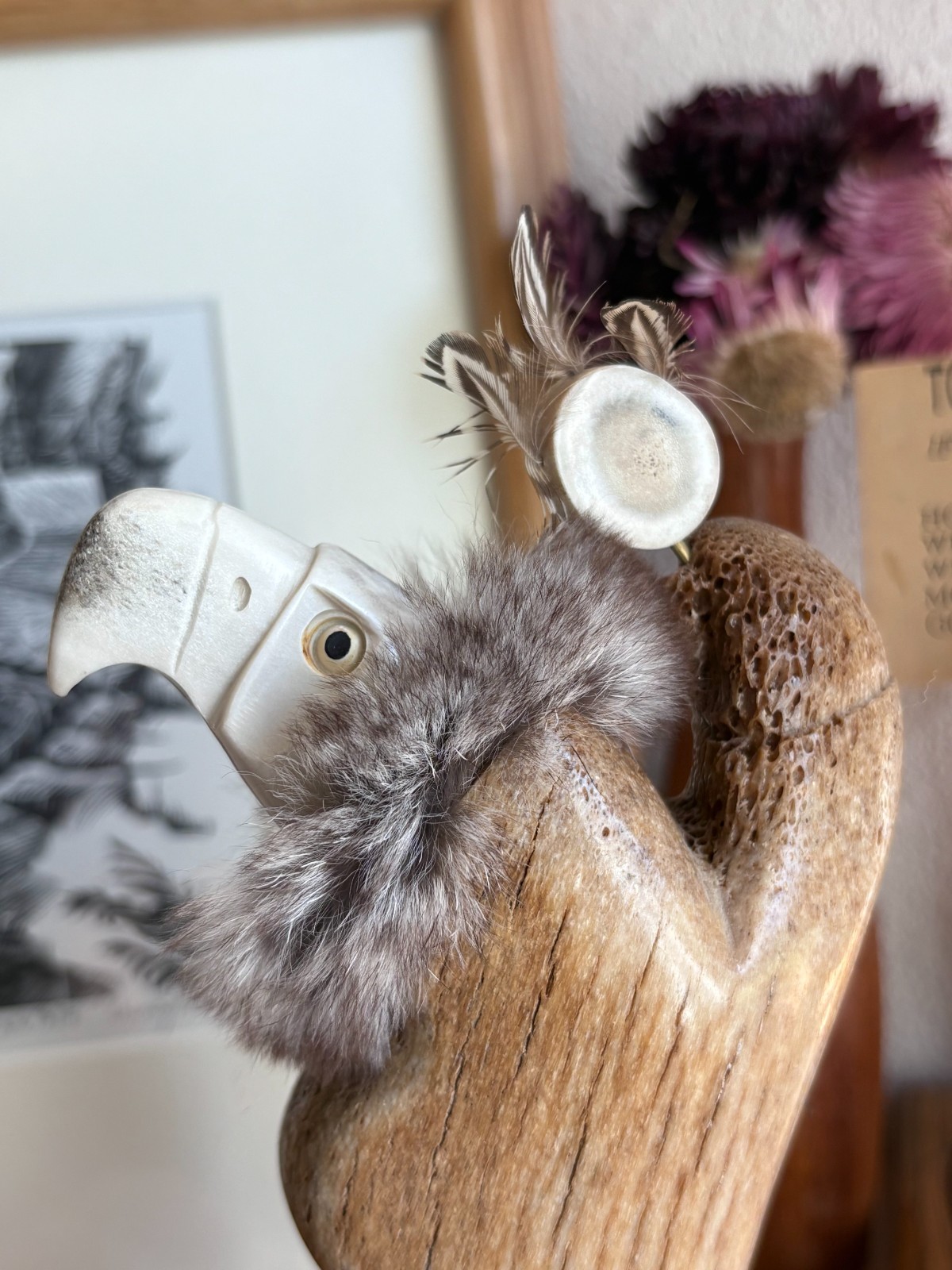 Vukson Signed Handmade Moose Antler?, Fur + Stone Inuit Eskimo Eagle Sculpture