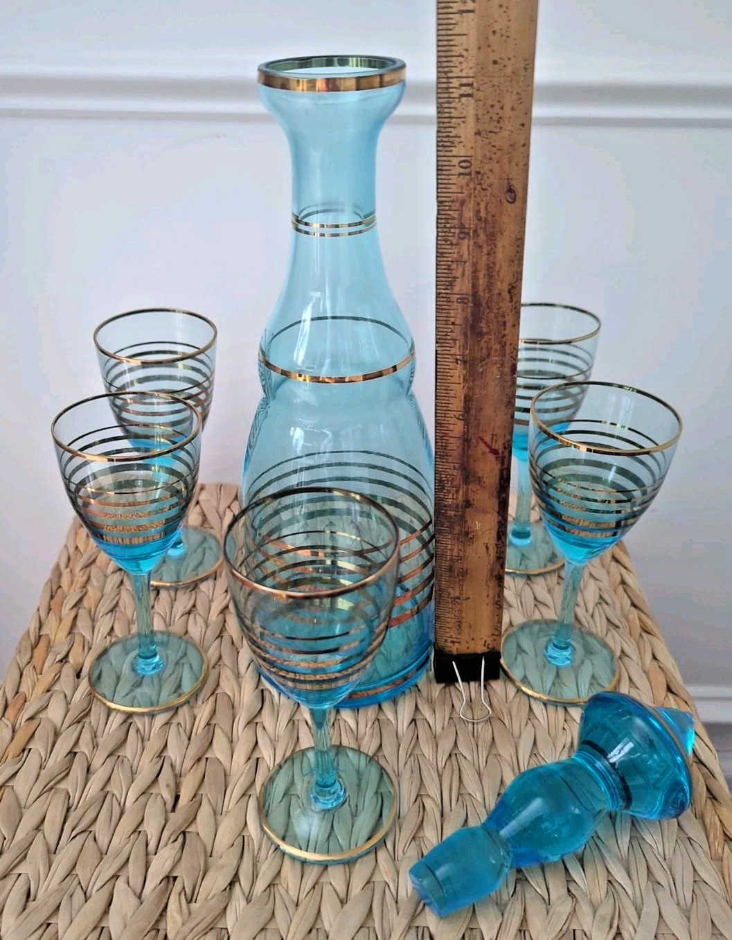 MCM Vintage Teal Blue & Gold Romanian Glass Decanter 4 Cordial Glasses 7 pc Set