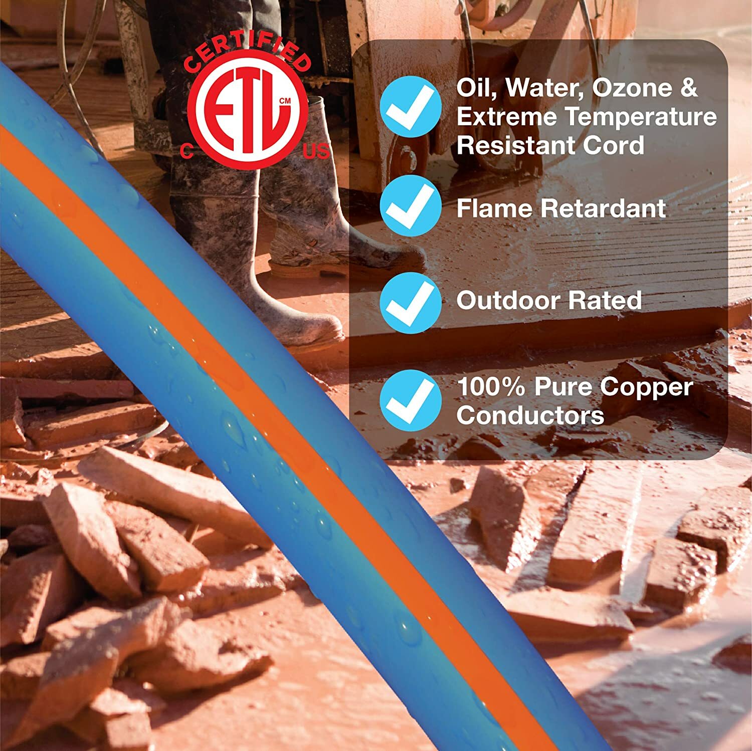 CP 50 ft 14/3 SJEOW TPE Rubber Heavy Duty Extension Cord, Blue & Orange, CP10088