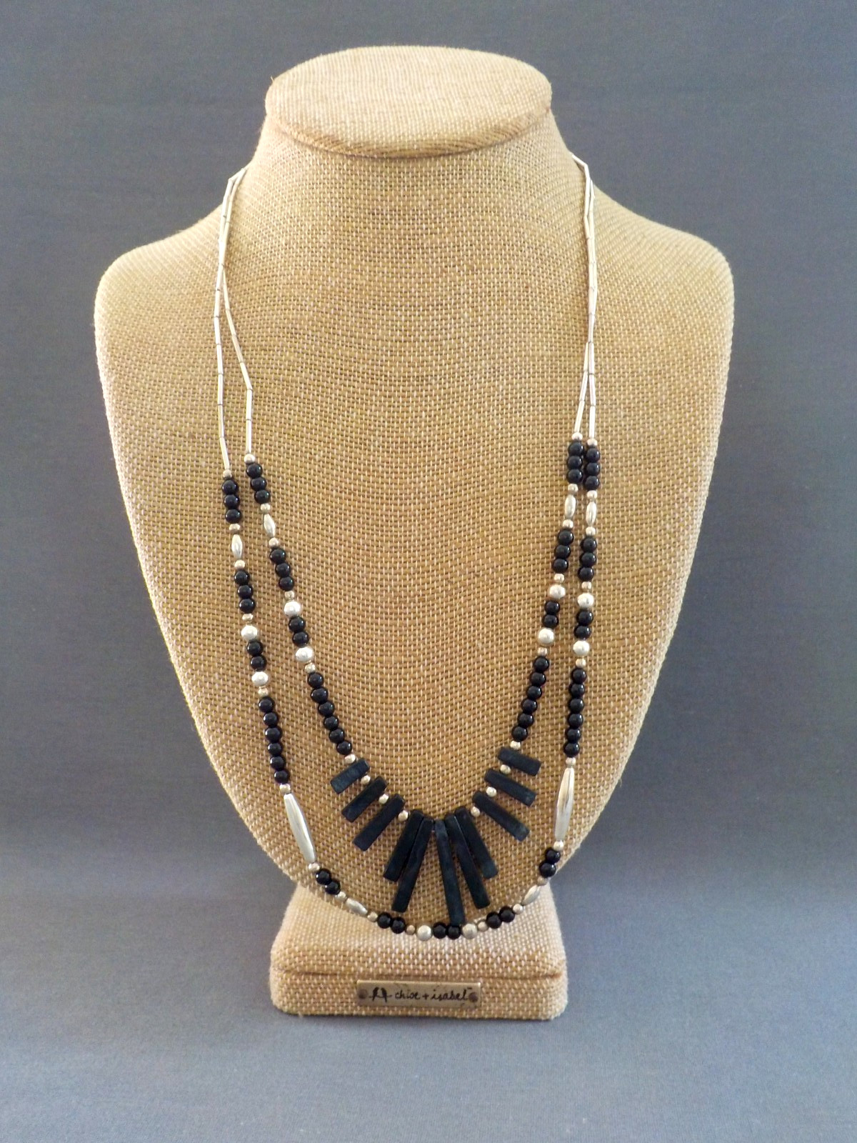 Vintage Spikey Black & Shell Necklace Silver Tone Metal Single & Double Strand