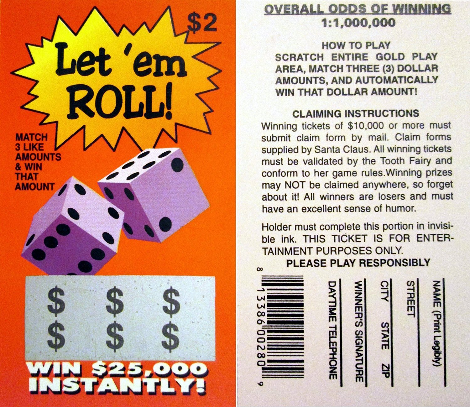 25 TOTAL Fake Lotto Lottery Tickets - Prank Game Joke Gag Funny Set