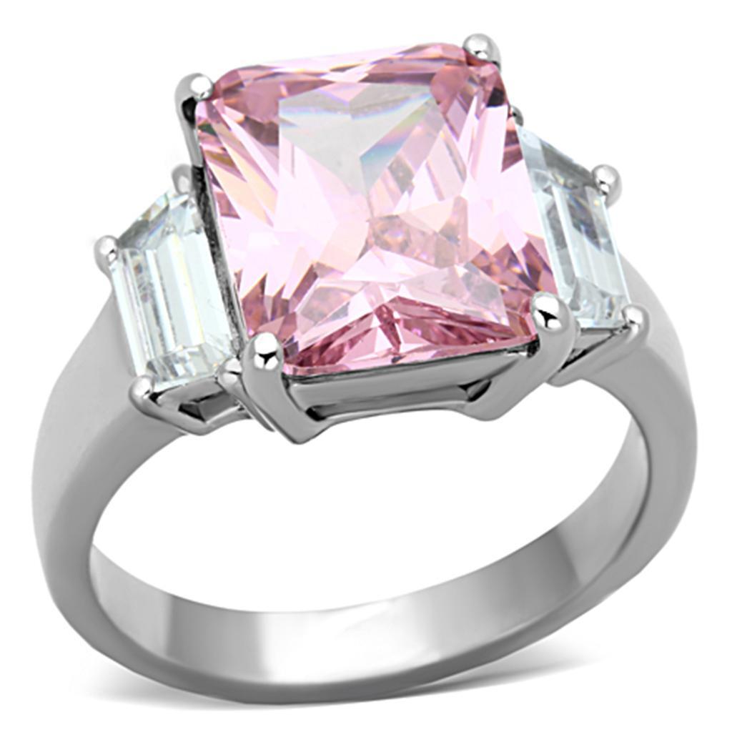 Pink Rose Rectangle Radiant Baguettes CZ Stainless Steel Big Cocktail Ring