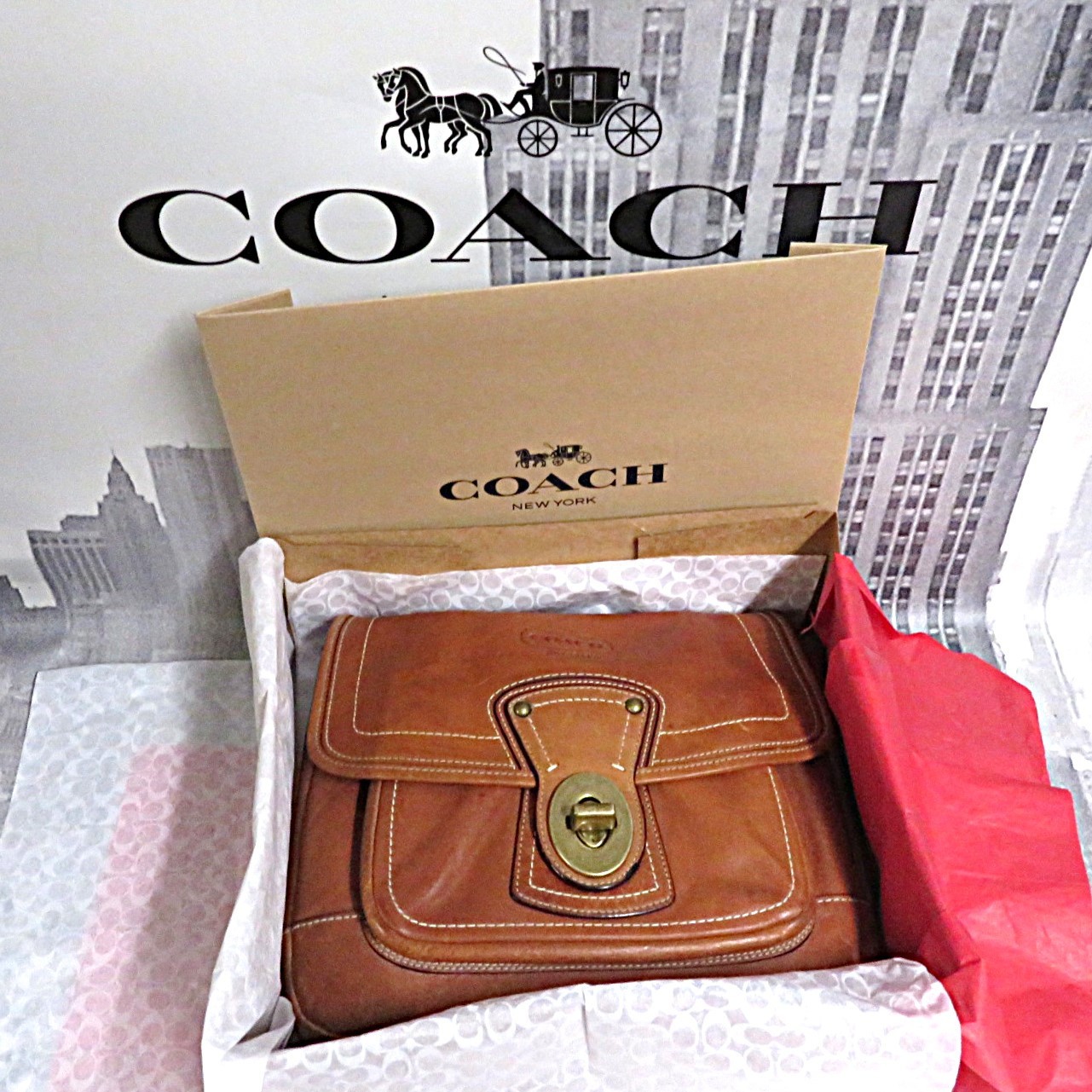 NEW 1 Med Coach Gift Box w/ Tissue~Sticker~3.5' Black Ribbon~10.5 x12.5 x4.5