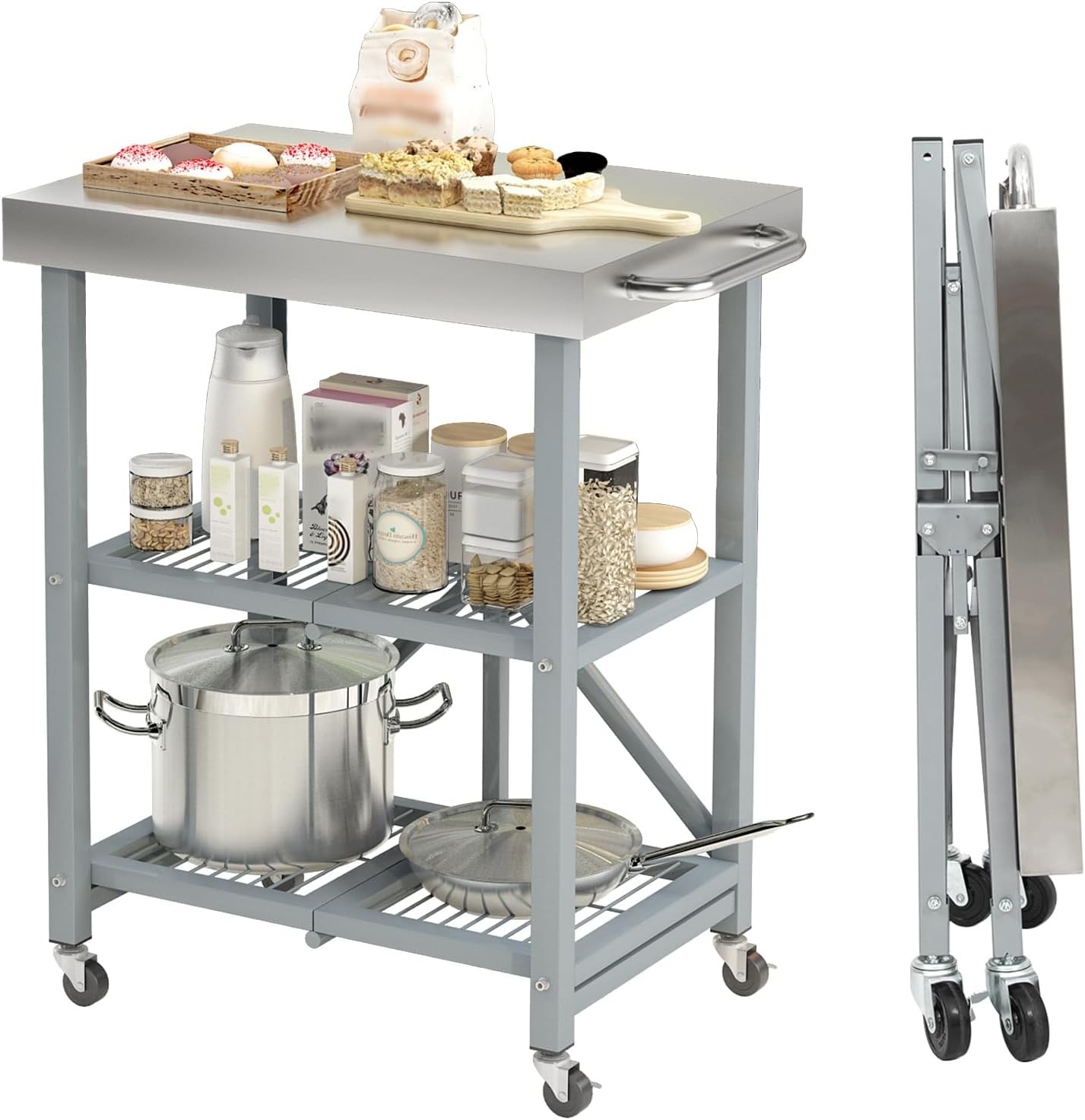 3-Tier Stainless Steel Rolling Utility Cart, 300 LBS Foldable Service Table