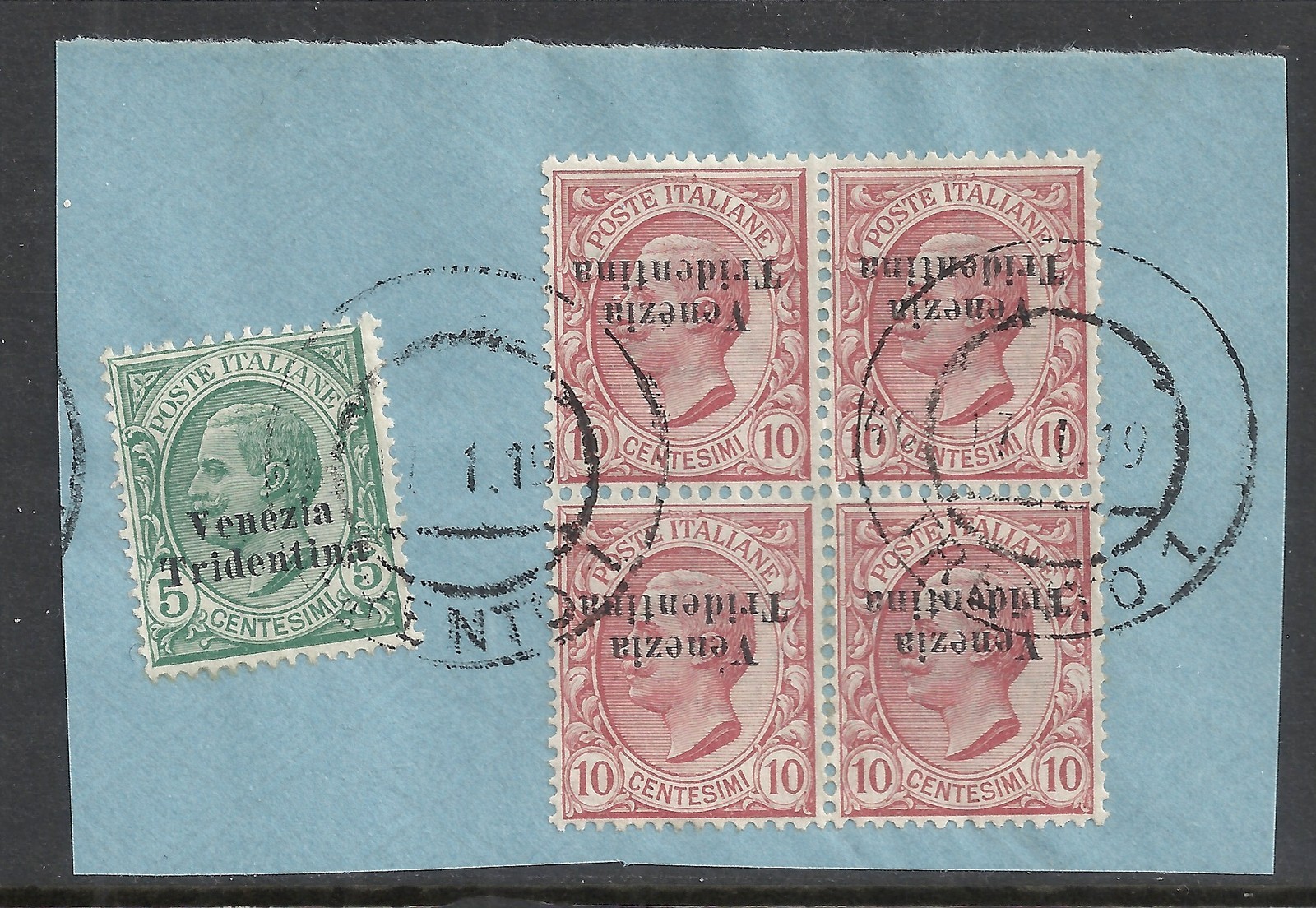 Trentino 1918 MI 21 Bloc of 4  INVERTED Overprints  CANC  VF  RARE!