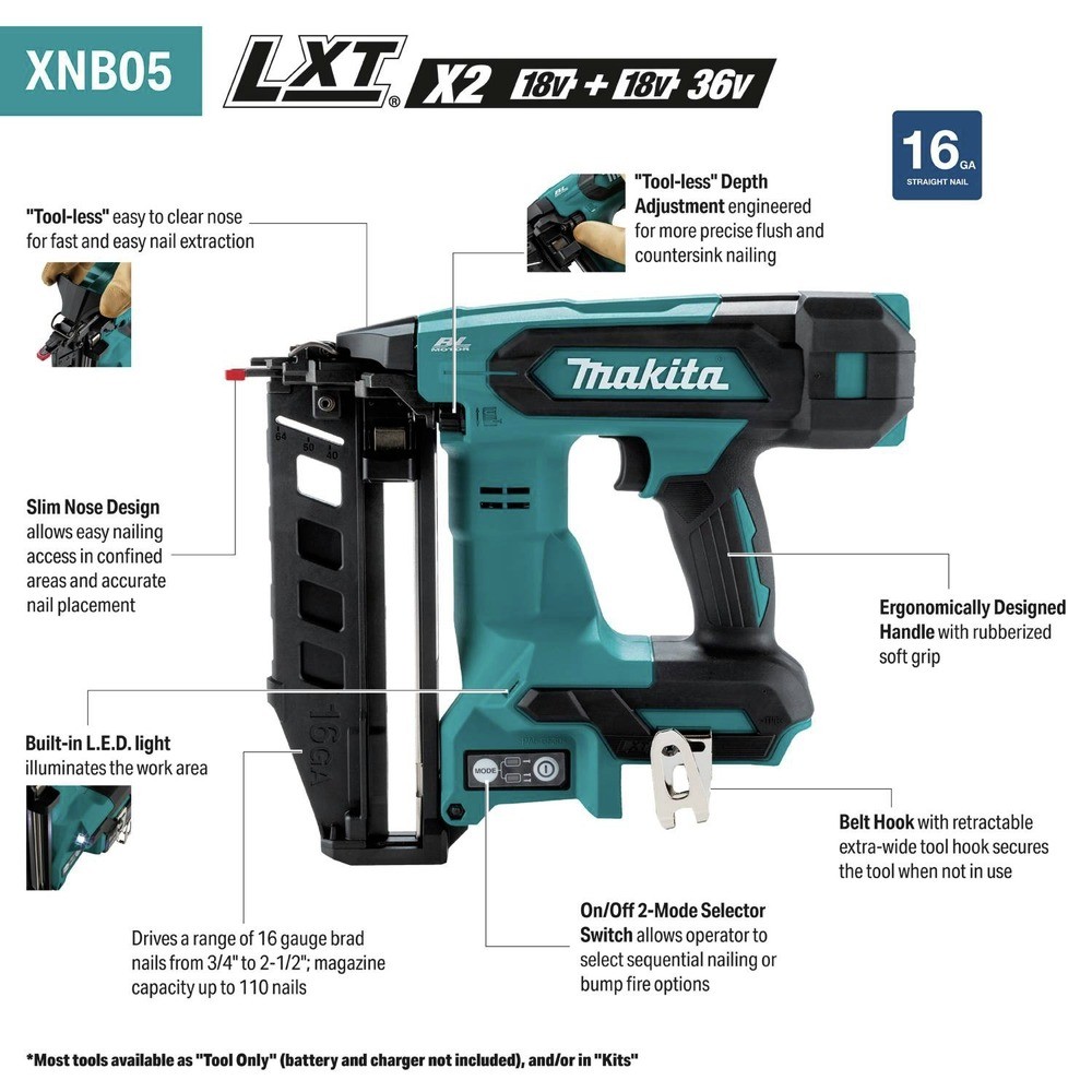 Makita XNB05Z 18V LXT 16 ga. 2-1/2 in. Straight Finish Nailer (Tool Only) New