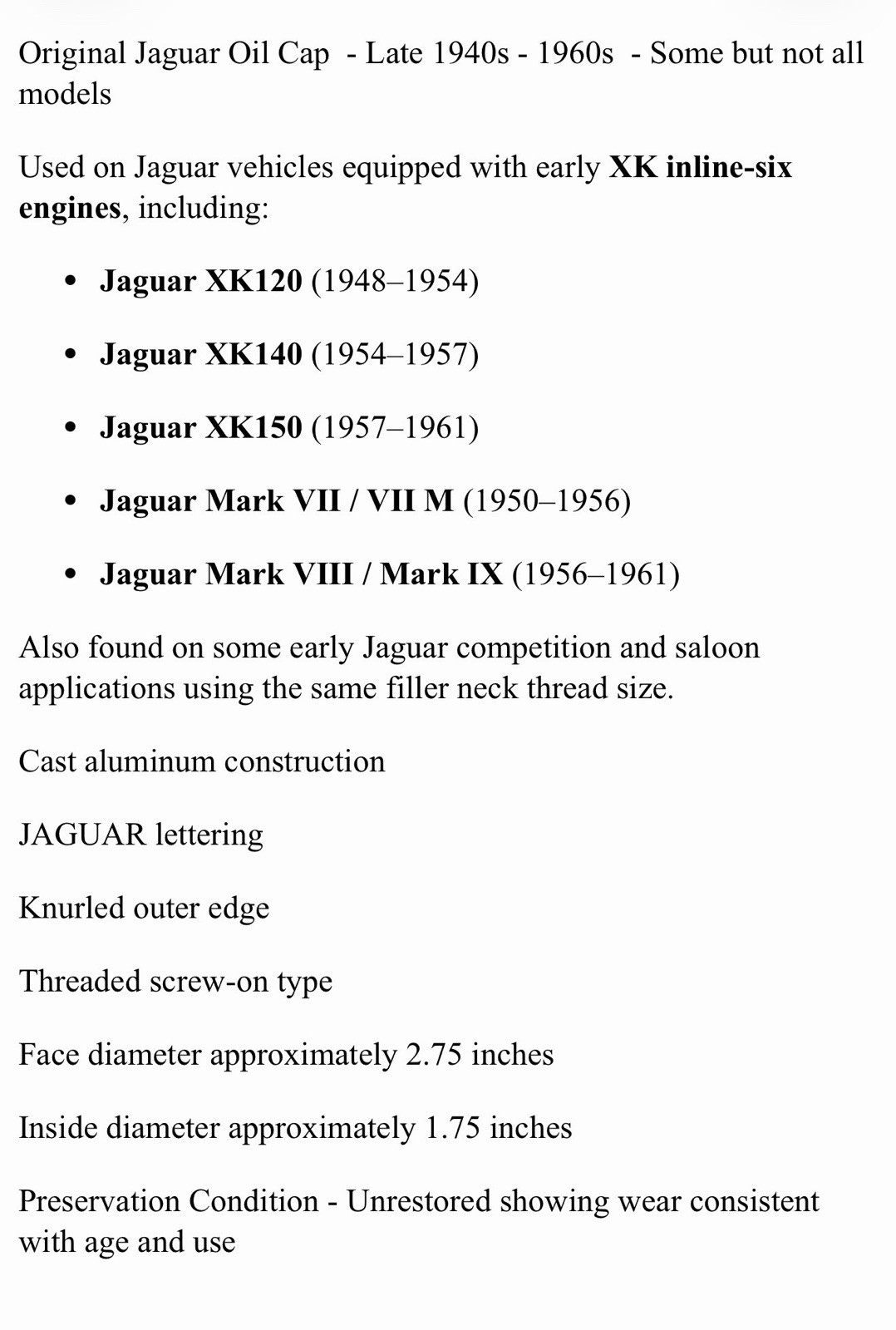 OEM Jaguar Aluminum Oil Filler Cap XK120 XK140 XK150 Mark VII 2.75” Original