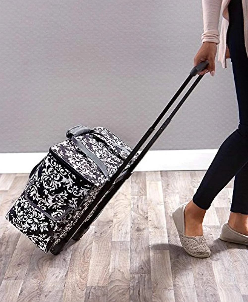 Rolling Sewing Machine Tote with 6 Storage Pockets - Damask,Large