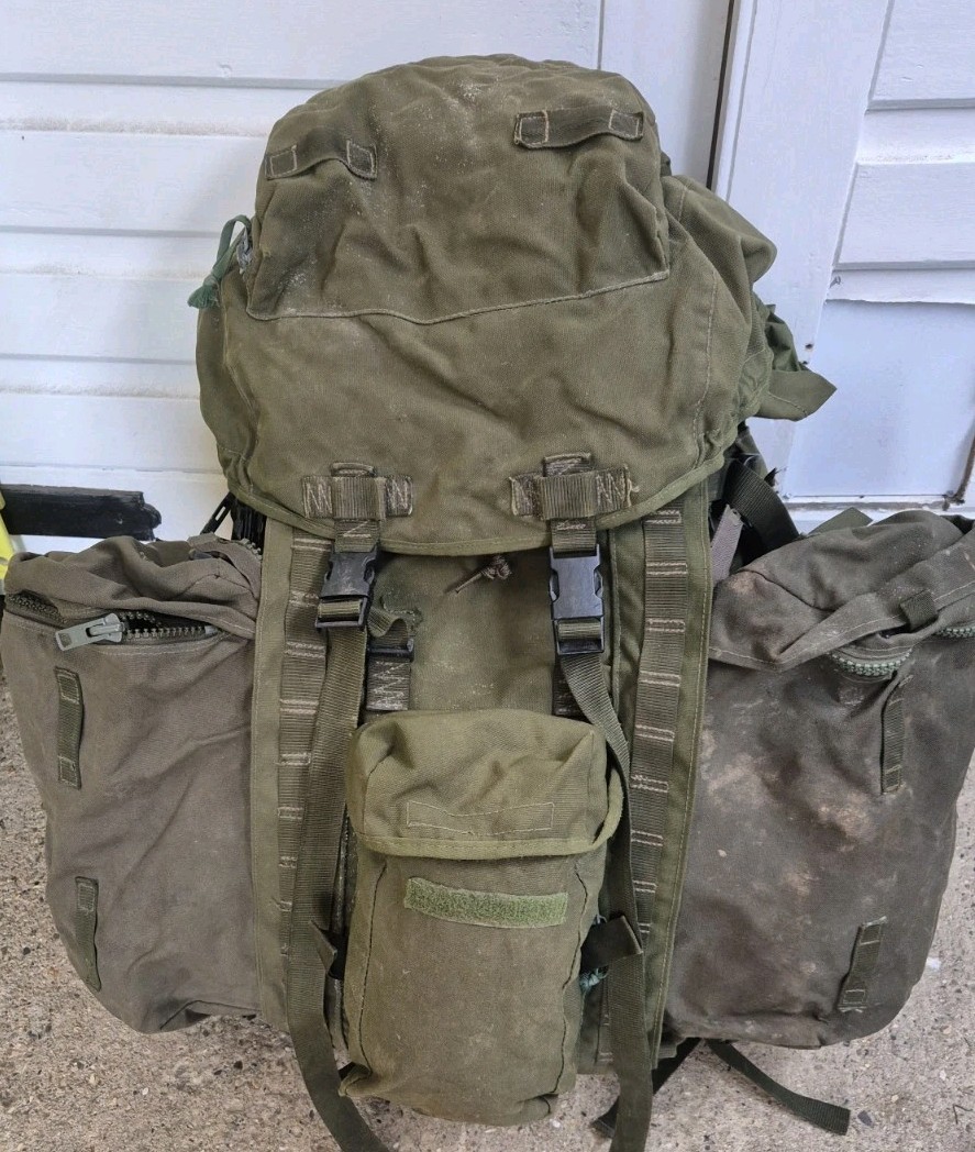 Genuine British Army 120L Bergen Olive Long Back + Side pouches 1990