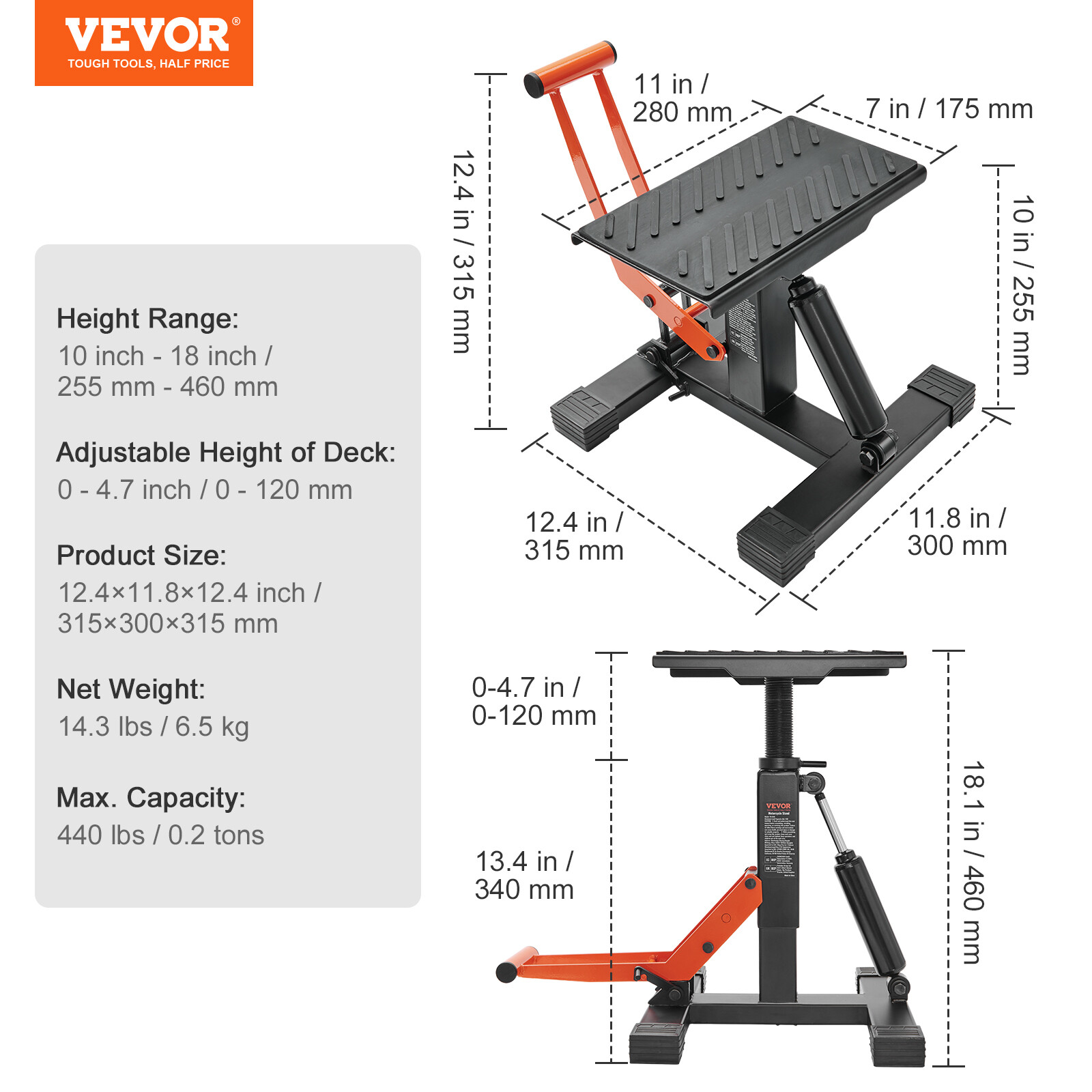 VEVOR Dirt Bike Lift Stand 440 LBS Adjustable Hydraulic Lift Jack for Dirt Bike