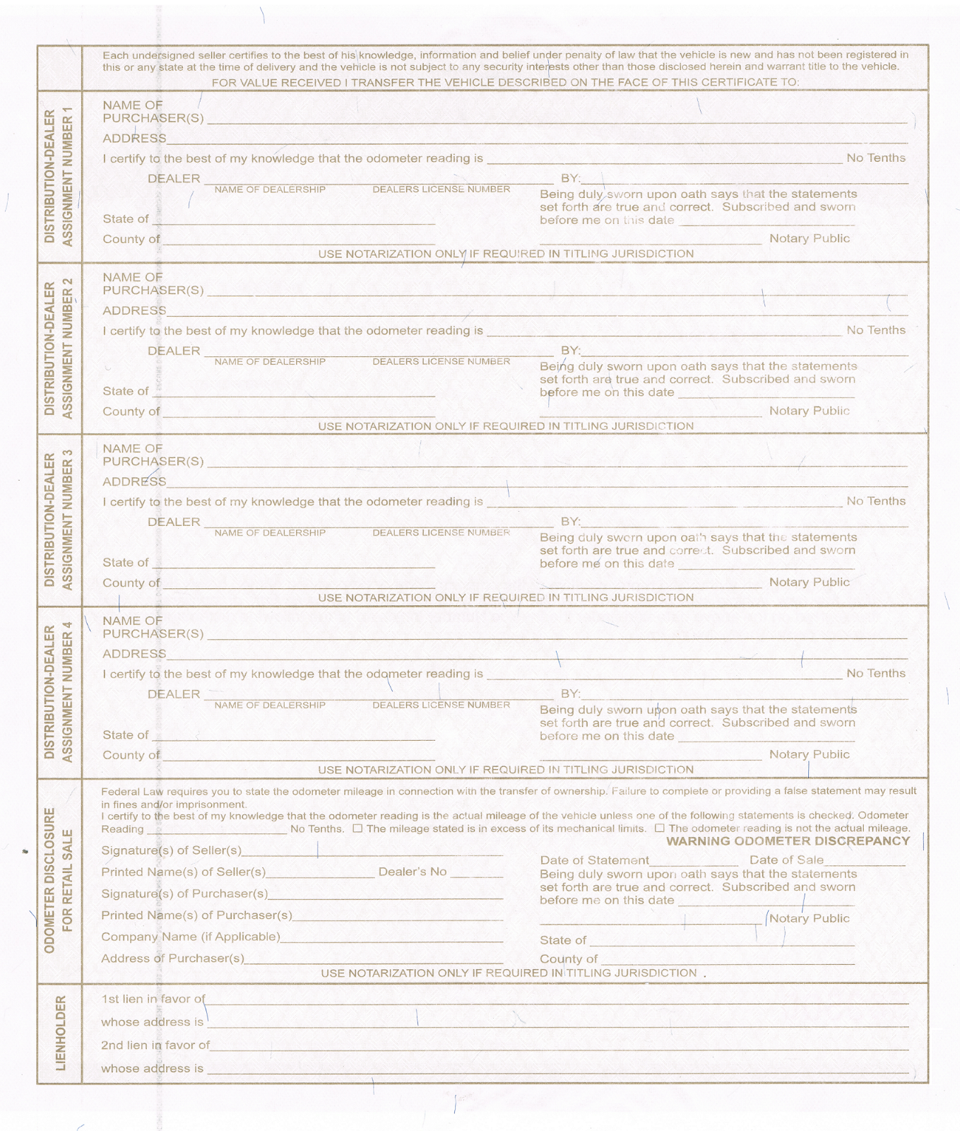 1 BLANK Certificate of Origin MSO MCO Form - Bikes Trikes Trailers Dune Buggies