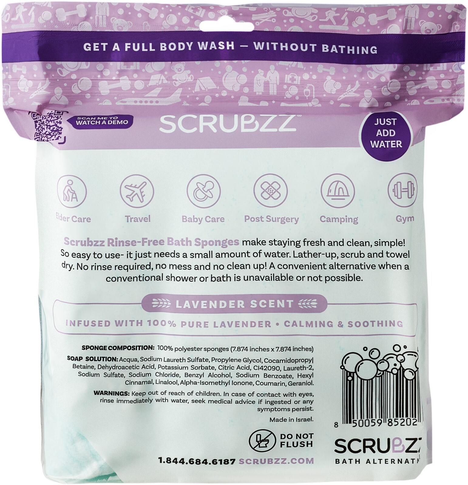 Scrubzz Disposable Rinse Free Bathing Sponges - Lavender, 75 Count