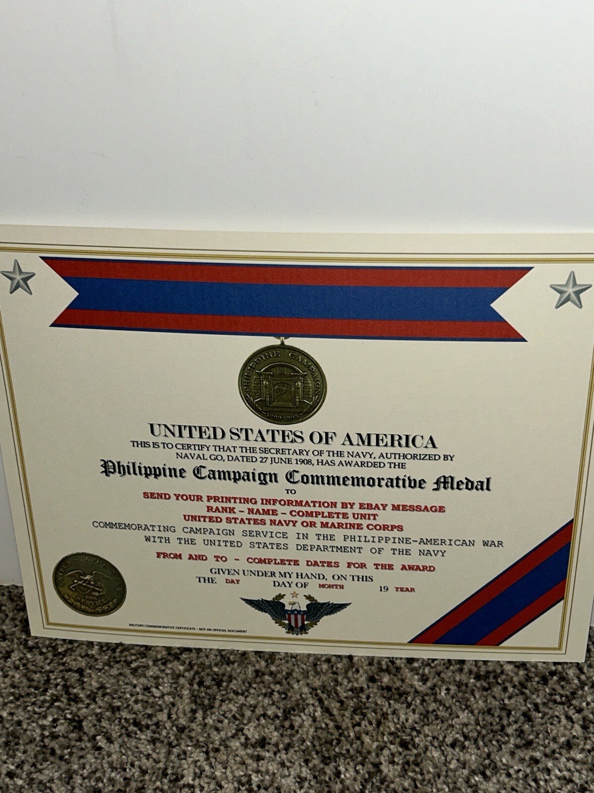 PHILIPPINE CAMPAIGN (NAVY) COMMEMORATIVE MEDAL CERTIFICATE ~ W/PRINTING TYPE-1