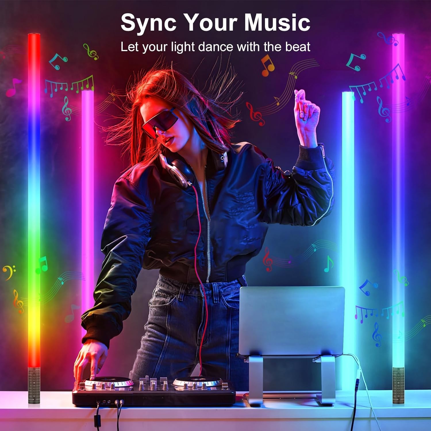 4 Pack RGB Tube Light with Tripod, Battery Powered 18W 4ft LED Video Light, Port