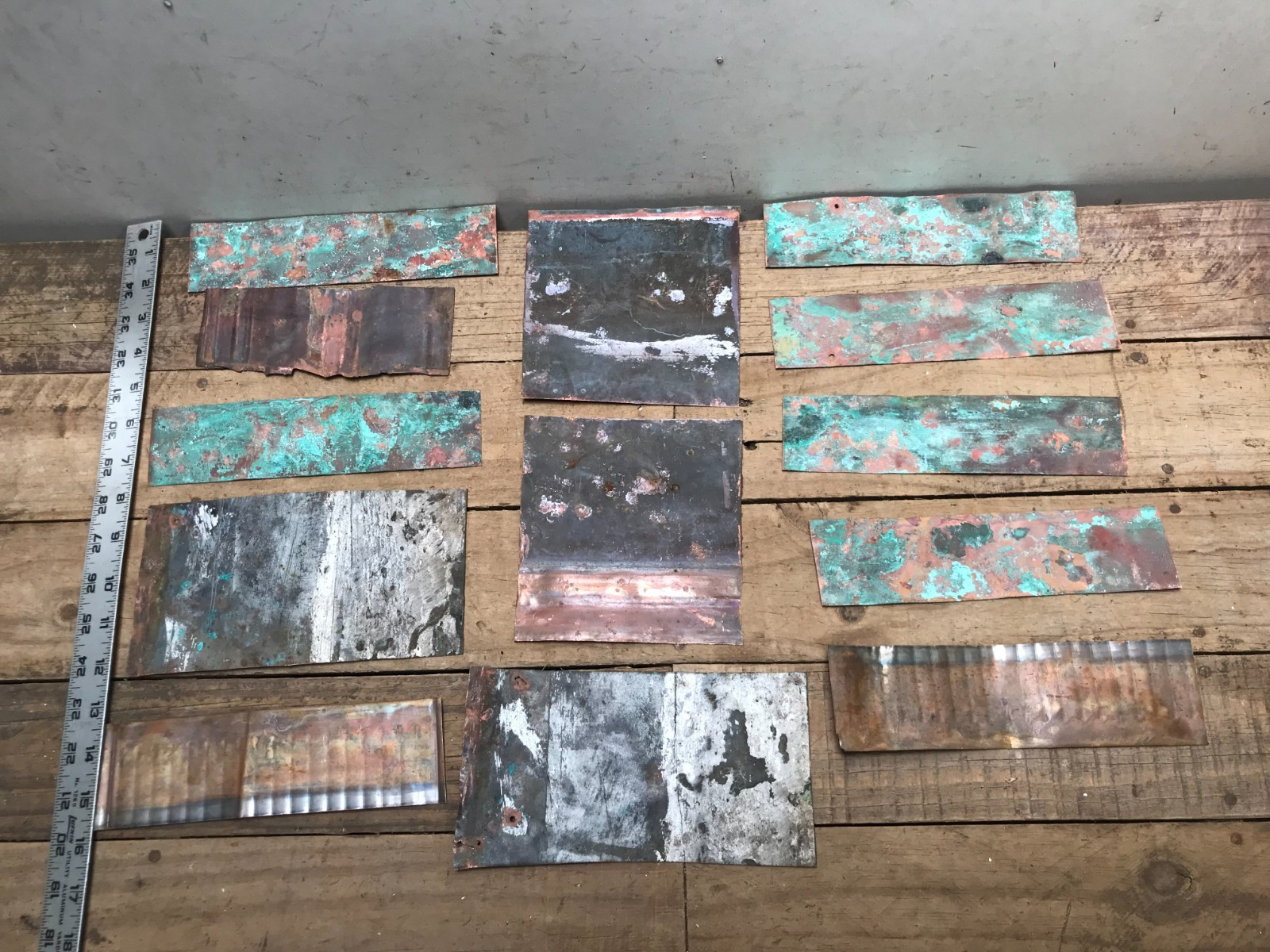 Lot 12 Sheet Copper Pieces Coppersmith scrap Natural Patina Colors Verdigris