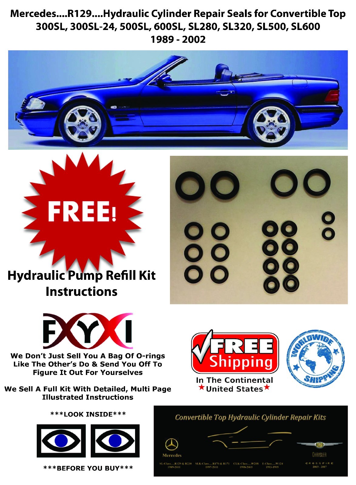 Mercedes SL500 SL320 500SL Convertible Top Hydraulic Cylinder Repair Kit..R129