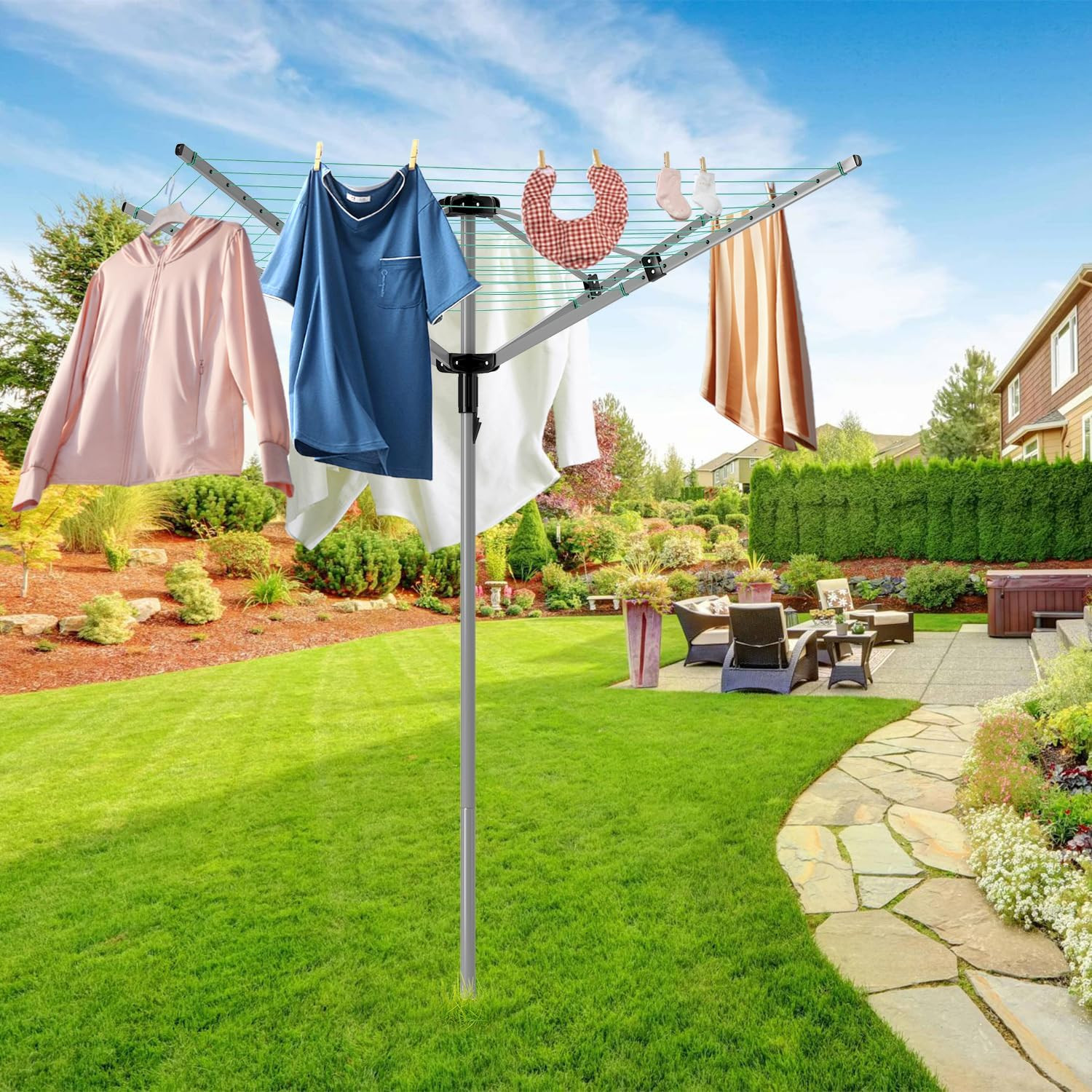 Rotary Umbrella Drying Rack Outdoors, 4-Arm Umbrella Clothesline for Laundry, Ad