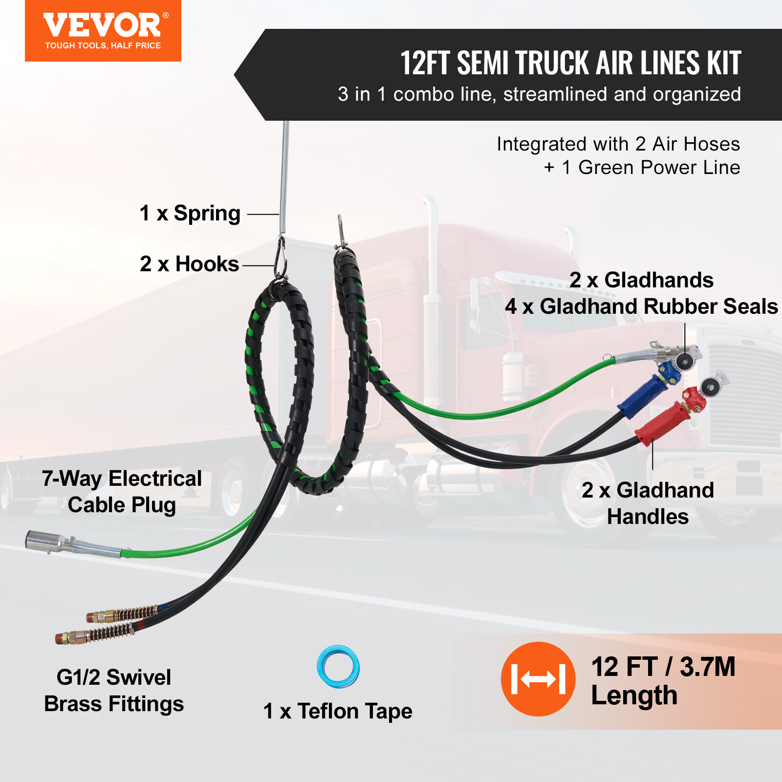 VEVOR 12FT 3-in-1 Semi Truck Air Lines Kit with 2PCS Glad Hands and Handles
